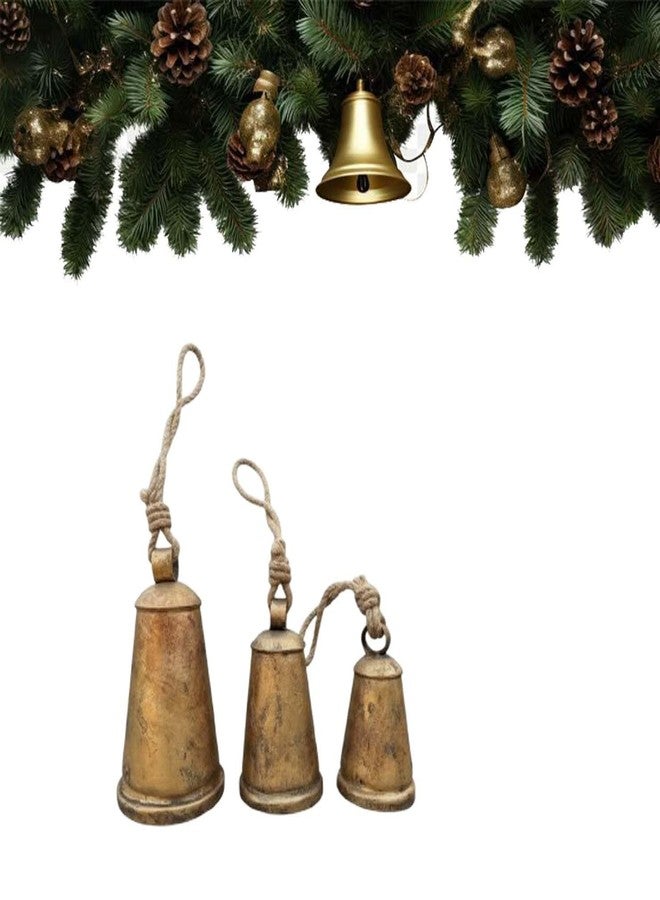 THOR INSTRUMENTS Gold Bells Metal Christmas Hanging Bells Vintage Decor with Jute Hanging Rope,Decorative Cow Bell, Ideal for Wedding,Christmas (Brass Cone Set of 3) - Image 1